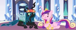Size: 1660x662 | Tagged: safe, artist:sollace, artist:thatonecrazyartist18, derpibooru import, princess cadance, queen chrysalis, alicorn, changeling, changeling queen, pony, blushing, cadalis, crown, cute, cutealis, eyes closed, female, floral head wreath, flower, hoof shoes, infidelity, interspecies, jewelry, lesbian, lying down, mare, regalia, shipping, smiling