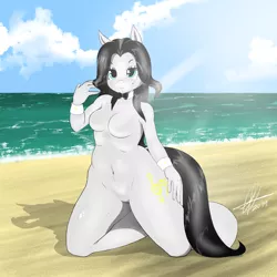 Size: 1700x1700 | Tagged: artist needed, suggestive, derpibooru import, oc, oc:klavinova, unofficial characters only, anthro, earth pony, anthro oc, barbie doll anatomy, beach, beauty mark, belly button, bowtie, breasts, featureless breasts, featureless crotch, female, kneeling, mare, solo, solo female, wide hips