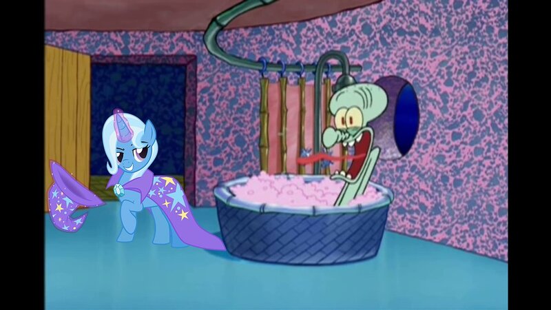 Size: 1191x670 | Tagged: safe, artist:kayman13, artist:the smiling pony, derpibooru import, edit, trixie, pony, unicorn, clothes, grin, hat, meme, smiling, sparta remix, spongebob squarepants, squidward tentacles, trixie's hat