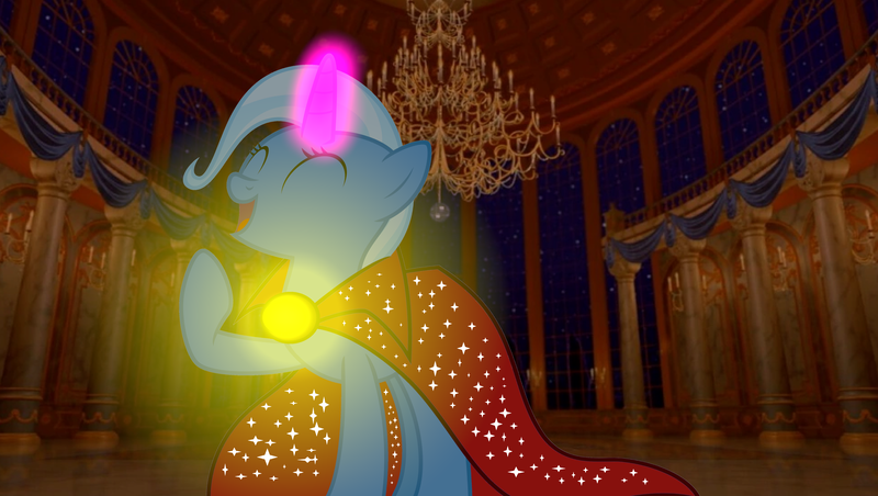 Size: 4623x2610 | Tagged: safe, artist:disneymarvel96, derpibooru import, trixie, pony, beauty and the beast, brooch, cape, chandelier, clothes, column, disney, glowing horn, horn