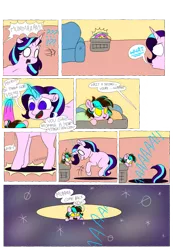Size: 1280x1847 | Tagged: safe, artist:doodletheexpoodle, derpibooru import, starlight glimmer, oc, oc:pocket watch, earth pony, pony, unicorn, comic:magic mayhem, blank eyes, comic, female, filly, laundry basket, missing cutie mark, mother and child, mother and daughter, offspring, parent:doctor whooves, parent:starlight glimmer, parents:starwhooves, portal, simple background, speech bubble, transparent background