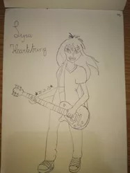 Size: 526x702 | Tagged: safe, artist:shooting star, derpibooru import, lyra heartstrings, anthro, human, unicorn, fanfic, fanfic:anthropology, fanfic art, female, guitar, monochrome, musical instrument, open mouth, solo, traditional art