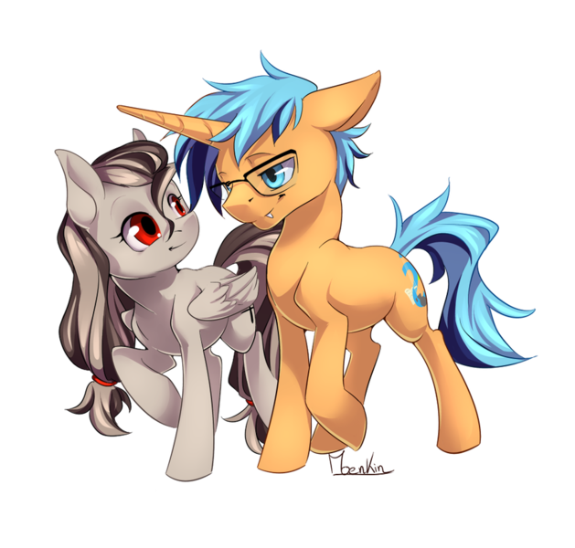 Size: 915x873 | Tagged: safe, artist:moenkin, derpibooru import, oc, oc:indicia, oc:xante leon, changeling, pegasus, pony, blue eyes, changeling oc, couple, disguise, disguised changeling, duo, female, male, mare, red eyes, shipping, xandicia