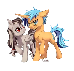 Size: 915x873 | Tagged: safe, artist:moenkin, derpibooru import, oc, oc:indicia, oc:xante leon, changeling, pegasus, pony, blue eyes, changeling oc, couple, disguise, disguised changeling, duo, female, male, mare, red eyes, shipping, xandicia