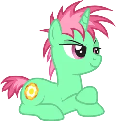 Size: 1744x1827 | Tagged: safe, artist:lightning stripe, derpibooru import, oc, oc:flowerlocks, unofficial characters only, pony, unicorn, cutie mark, eyelashes, female, green, green coat, horn, magenta, magenta eyes, mare, short hair, short mane, short tail, show accurate, simple background, solo, spiky hair, spiky mane, transparent background