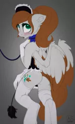 Size: 1327x2191 | Tagged: alternate version, anthro, artist:airfly-pony, ass, blushing, butt, clothes, collar, cutie mark, derpibooru import, dominant pov, female, femsub, gloves, gradient background, leash, long gloves, looking back, maid, oc, oc:scarlett drop, oc:wing hurricane, offscreen character, pegasus, ponytail, rcf community, rear view, scarricane, shy, slave, socks, solo, solo female, stockings, submissive, suggestive, thigh highs, two toned wings, unguligrade anthro, unofficial characters only, wings