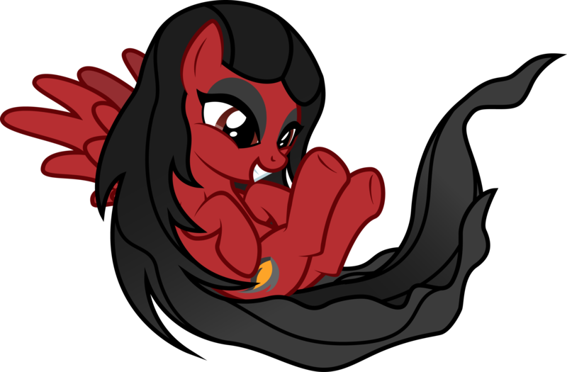 Size: 3323x2181 | Tagged: safe, artist:lightning stripe, derpibooru import, oc, oc:smoky shadows, unofficial characters only, pegasus, pony, black mane, cutie mark, eyelashes, eyeliner, female, flying, lidded eyes, long hair, long mane, long tail, makeup, mare, red, red coat, red eyes, show accurate, simple background, smiling, solo, transparent background, underhoof, wings