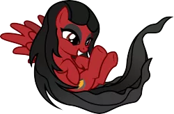 Size: 3323x2181 | Tagged: safe, artist:lightning stripe, derpibooru import, oc, oc:smoky shadows, unofficial characters only, pegasus, pony, black mane, cutie mark, eyelashes, eyeliner, female, flying, lidded eyes, long hair, long mane, long tail, makeup, mare, red, red coat, red eyes, show accurate, simple background, smiling, solo, transparent background, underhoof, wings