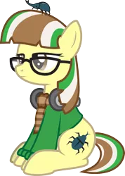 Size: 1556x2184 | Tagged: safe, artist:lightning stripe, derpibooru import, oc, oc:beetle beat, oc:hercules, unofficial characters only, beetle, earth pony, insect, pony, rhinoceros beetle, brown eyes, clothes, cutie mark, female, glasses, headphones, mare, scarf, show accurate, simple background, sitting, solo, sweater, this happy ending, transparent background