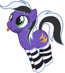 Size: 1995x2229 | Tagged: safe, artist:lightning stripe, derpibooru import, oc, oc:lightning stripe, unofficial characters only, earth pony, pony, :p, black and white mane, clothes, cross-eyed, cute, cutie mark, female, green eyes, jumping, mare, purple, show accurate, silly, simple background, socks, solo, striped socks, stripes, tongue out, transparent background