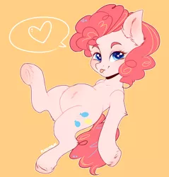 Size: 1330x1393 | Tagged: safe, artist:plnetfawn, derpibooru import, pinkie pie, earth pony, pony, :p, belly fluff, chubby, cute, diapinkes, ear fluff, heart, heart eyes, leg fluff, orange background, silly, simple background, solo, speech bubble, tongue out, underhoof, unshorn fetlocks, wingding eyes