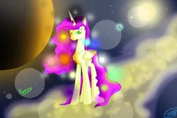 Size: 1024x683 | Tagged: safe, artist:blueberrykamquat, derpibooru import, oc, oc:ponroy, unofficial characters only, alicorn, pony, alicorn oc, creator, goddess, goddess of creation, horn, lens flare, planet, solo, space, stars, sun, wings