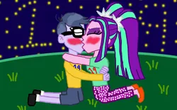 Size: 1600x993 | Tagged: safe, artist:ktd1993, derpibooru import, aria blaze, microchips, equestria girls, ariachips, blushing, female, kissing, male, shipping, straight