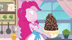 Size: 1920x1080 | Tagged: safe, derpibooru import, screencap, pinkie pie, equestria girls, equestria girls series, the craft of cookies, spoiler:eqg series (season 2), apron, bowl, chocolate, clothes, curtains, cute, diapinkes, female, food, grin, kitchen, plant, ponk, smiling, window