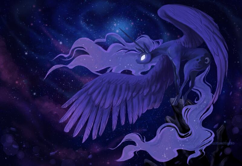 Size: 1100x756 | Tagged: safe, artist:dragonspirit469, derpibooru import, princess luna, alicorn, pony, ethereal mane, ethereal tail, female, galaxy, glowing eyes, mare, perched, rock, solo, spread wings, stars, wings