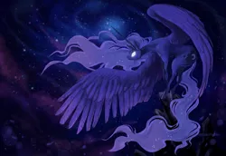 Size: 1100x756 | Tagged: safe, artist:dragonspirit469, derpibooru import, princess luna, alicorn, pony, ethereal mane, ethereal tail, female, galaxy, glowing eyes, mare, perched, rock, solo, spread wings, stars, wings