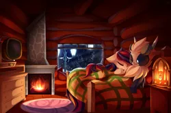 Size: 3028x2000 | Tagged: safe, artist:kaleido-art, derpibooru import, oc, unofficial characters only, pony, bed, commission, fireplace, forest, furry, moon, night, oc x oc, radio, shipping, snow, snowfall, streetlight, television, window, winter