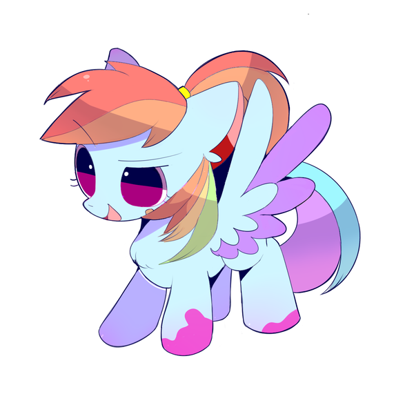 Size: 1181x1181 | Tagged: safe, artist:phobiaowl, derpibooru import, rainbow dash, pegasus, pony, alternate hairstyle, chest fluff, chibi, cute, dashabetes, ear fluff, female, mare, no pupils, open mouth, ponytail, simple background, solo, two toned wings, white background, wings
