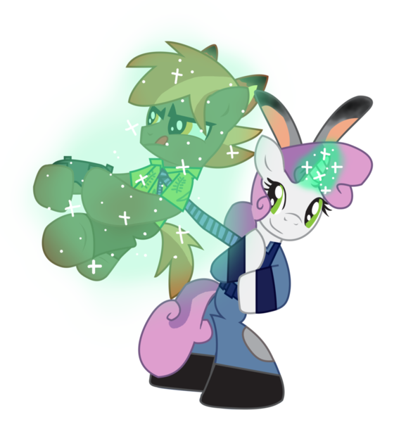 Size: 876x911 | Tagged: artist:ejlightning007arts, bunny ears, button mash, controller, crossover, derpibooru import, female, fox ears, judy hopps, magic, male, nick wilde, safe, shipping, shipping fuel, simple background, straight, sweetie belle, sweetiemash, transparent background, vector, zootopia