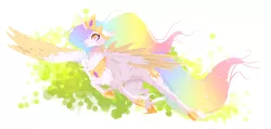 Size: 1856x886 | Tagged: safe, artist:rossignolet, derpibooru import, princess celestia, alicorn, pony, abstract background, collar, colored wings, colored wingtips, female, hoof shoes, jewelry, mare, necklace, regalia, smiling, solo, spread wings, unshorn fetlocks, wings