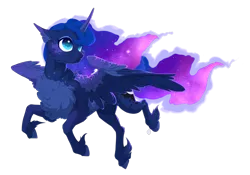 Size: 1630x1139 | Tagged: safe, artist:rossignolet, derpibooru import, princess luna, alicorn, pony, chest fluff, colored wings, colored wingtips, dappled, ethereal mane, ethereal tail, female, galaxy mane, mare, simple background, smiling, solo, transparent background, unshorn fetlocks, wings