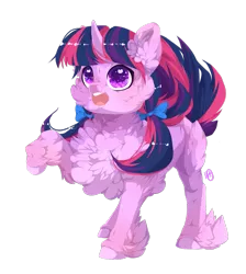 Size: 895x1000 | Tagged: safe, artist:rossignolet, derpibooru import, twilight sparkle, pony, bow, cheek fluff, chest fluff, cute, ear fluff, fluffy, hair bow, heart eyes, open mouth, pigtails, raised hoof, simple background, solo, transparent background, twiabetes, twintails, unshorn fetlocks, wingding eyes