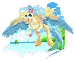 Size: 1414x1165 | Tagged: artist:rossignolet, beach, chest fluff, classical hippogriff, colored wings, colored wingtips, derpibooru import, feathered fetlocks, flower, flower in hair, flying, hippogriff, jungle, my little pony: the movie, ocean, princess skystar, safe, shell necklace, solo, spread wings, wings