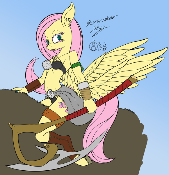 Size: 2000x2067 | Tagged: safe, artist:sepiakeys, derpibooru import, fluttershy, harry, anthro, bat pony, pegasus, unguligrade anthro, armor, axe, berserker, berzerker, bracer, breasts, busty fluttershy, clothes, fantasy class, female, flutterbat, fur, leather, race swap, solo, unconvincing armor, weapon, wings