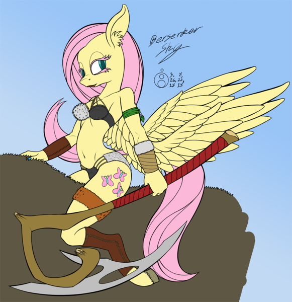 Size: 968x1000 | Tagged: suggestive, artist:sepiakeys, derpibooru import, fluttershy, harry, anthro, bat pony, pegasus, unguligrade anthro, armor, axe, berserker, berzerker, bracer, breasts, busty fluttershy, clothes, fantasy class, female, flutterbat, fur, leather, race swap, solo, unconvincing armor, weapon, wings