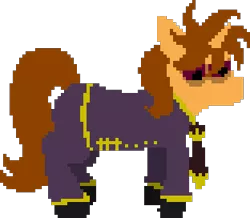 Size: 312x272 | Tagged: safe, artist:minus, derpibooru import, oc, oc:antoine clovenheimer, unofficial characters only, pony, unicorn, cyoa:madness in mournthread, bags under eyes, clothes, fancy, jacket, looking back, male, necktie, pixel art, simple background, solo, stallion, transparent background