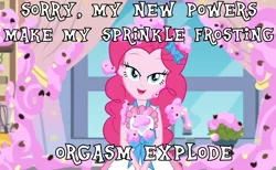 Size: 1198x739 | Tagged: suggestive, derpibooru import, edit, edited screencap, screencap, pinkie pie, equestria girls, equestria girls series, the craft of cookies, spoiler:eqg series (season 2), apron, bedroom eyes, caption, clothes, curtains, dialogue, female, food, frosting, kitchen, meme, text, window