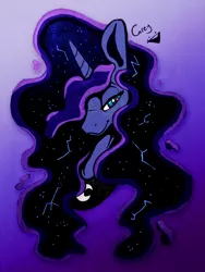 Size: 847x1129 | Tagged: safe, artist:greyscaleart, color edit, derpibooru import, edit, princess luna, alicorn, pony, beautiful, bust, color, colored, constellation, constellation freckles, cute, ethereal mane, female, freckles, greyscaleart is trying to murder us, hair over one eye, lidded eyes, lunabetes, mare, monochrome, neo noir, partial color, portrait, signature, simple background, smiling, smirk, solo, starry mane, traditional art