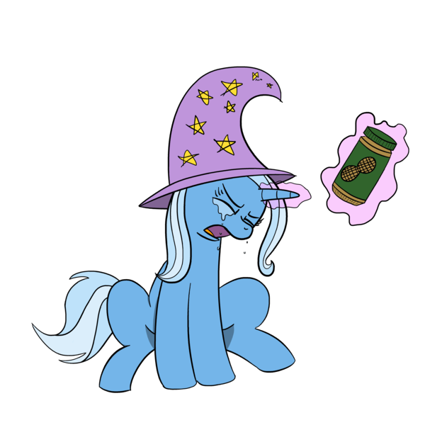 Size: 5000x5000 | Tagged: safe, artist:czu, derpibooru import, trixie, absurd resolution, crying, food, hat, heartbreak, jar, peanut butter, peanut butter jar, sad, sitting