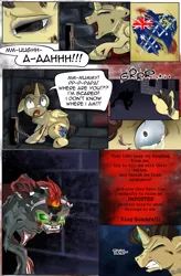 Size: 1800x2740 | Tagged: semi-grimdark, artist:candyclumsy, author:bigonionbean, derpibooru import, king sombra, oc, oc:tommy the human, alicorn, demon, pony, undead, zombie, zombie pony, comic:fusing the fusions, comic:of gaurdians and nightmares, abuse, afraid of monsters, alicorn oc, beaten up, blood, bloody, body horror, bruised, chained up, comic, commissioner:bigonionbean, cut, cutie mark, dialogue, foal abuse, frightened, fusion, horn, human oc, lonely, magic, monster, possessed, scared, scratches, screaming, terrified, torture chamber, wings