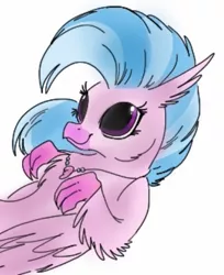 Size: 979x1200 | Tagged: source needed, safe, artist:zigragirl, derpibooru import, silverstream, classical hippogriff, hippogriff, beak, cheek fluff, chest fluff, claws, cute, diastreamies, dilated pupils, ear fluff, female, fluffy, folded wings, jewelry, leg fluff, looking at something, looking up, necklace, needs more jpeg, on back, simple background, smiling, solo, traditional art, white background, wings