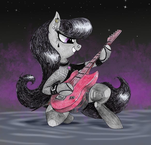 Size: 1200x1154 | Tagged: safe, artist:t72b, derpibooru import, octavia melody, earth pony, pony, abstract background, bipedal, choker, clothes, ear piercing, electric guitar, female, fishnets, goth, grin, guitar, hoof hold, jewelry, kneeling, mare, musical instrument, piercing, plaid skirt, rocktavia, skirt, smiling, socks, solo, stockings, thigh highs, traditional art