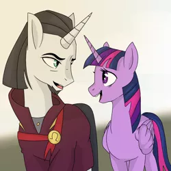 Size: 2400x2400 | Tagged: safe, derpibooru import, chancellor neighsay, twilight sparkle, twilight sparkle (alicorn), alicorn, pony, unicorn, female, folded wings, horn, looking at each other, male, mare, medallion, neighsparkle, open mouth, shipping, shipping fuel, smiling, stallion, standing, straight, wings