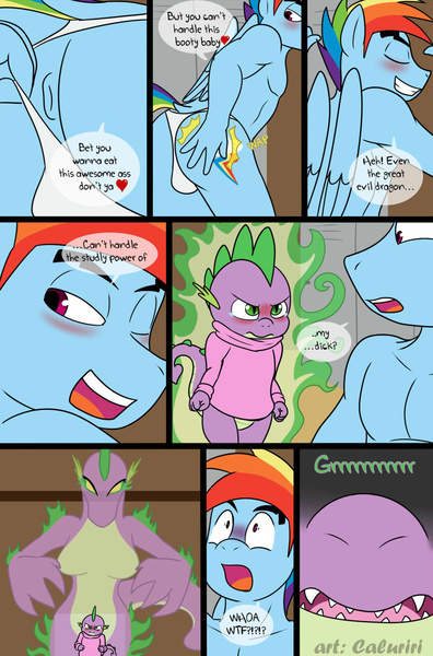 Size: 844x1280 | Tagged: anthro, anus, artist:caluriri, ass, barb, barblitz, blushing, breasts, butt, clothes, comic:the rainbow dragon workout and recovery plan, derpibooru import, dragon, female, flirting, greed barb, male, nudity, panties, plot, questionable, rainbow blitz, rainbow dash, rainbowspike, rule 63, shipping, simplistic anus, spike, straight, sweater, teasing, thong, underwear
