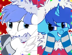 Size: 600x458 | Tagged: safe, artist:hoppygurl, derpibooru import, oc, oc:single drop, oc:snow pup, unofficial characters only, pegasus, pony, unicorn, christmas, christmas lights, clothes, happy, hat, heart eyes, holiday, santa hat, socks, striped socks, wingding eyes
