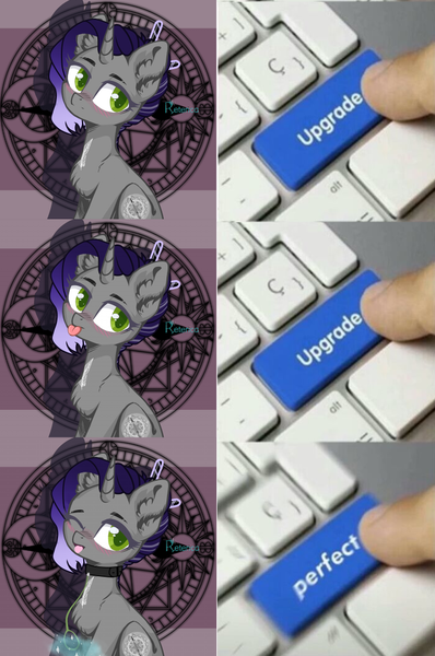 Size: 705x1063 | Tagged: safe, artist:reterica, deleted from derpibooru, derpibooru import, oc, oc:moonsonat, unofficial characters only, pony, unicorn, blushing, comic, green eyes, keyboard, magic, meme, solo, tongue out, upgrade, upgrade meme