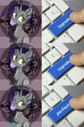 Size: 705x1063 | Tagged: safe, artist:reterica, deleted from derpibooru, derpibooru import, oc, oc:moonsonat, unofficial characters only, pony, unicorn, blushing, comic, green eyes, keyboard, magic, meme, solo, tongue out, upgrade, upgrade meme