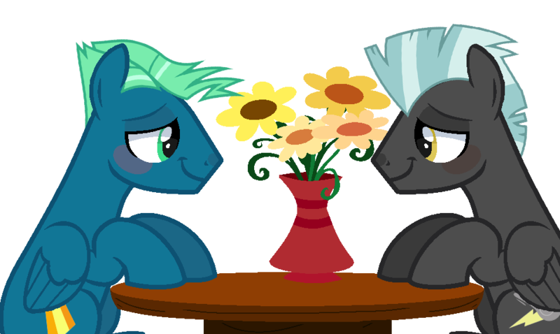 Size: 965x577 | Tagged: safe, artist:moonlightthegriffon, derpibooru import, sky stinger, thunderlane, pegasus, pony, blushing, flower, folded wings, gay, looking at each other, male, shipping, simple background, smiling, stallion, stingerlane, table, transparent background, wings