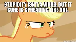 Size: 600x337 | Tagged: safe, derpibooru import, edit, edited screencap, screencap, applejack, earth pony, pony, viva las pegasus, caption, female, frown, image macro, mare, meme, solo, spongebob squarepants, squirrel jokes, text