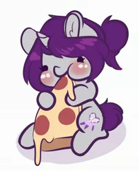 Size: 2537x3135 | Tagged: safe, artist:wickedsilly, derpibooru import, oc, oc:wicked silly, unofficial characters only, pony, unicorn, cute, eating, female, food, mare, meat, ocbetes, pepperoni, pepperoni pizza, pizza, ponysona, simple background, solo, tiny, tiny ponies