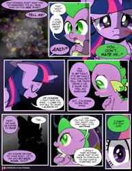 Size: 1275x1650 | Tagged: safe, artist:dsana, derpibooru import, spike, twilight sparkle, twilight sparkle (alicorn), alicorn, dragon, pony, comic:the shadow shard, comic, crying, dialogue, duo, female, gem, male, mare, silhouette, this will end in tears, this will not end well