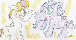 Size: 2567x1346 | Tagged: safe, artist:ptitemouette, derpibooru import, oc, oc:love moonlight, oc:treasure island, unofficial characters only, hybrid, pony, zony, interspecies offspring, magical lesbian spawn, oc x oc, offspring, offspring shipping, parent:pipsqueak, parent:princess luna, parent:zecora, parent:zippoorwhill, parents:lunacora, shipping