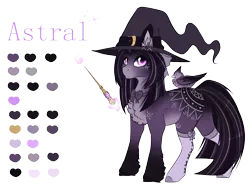 Size: 1194x895 | Tagged: safe, artist:lunawolf28, derpibooru import, oc, oc:astral, bird, pony, clothes, female, hat, magic wand, mare, reference sheet, simple background, socks, solo, transparent background, witch hat