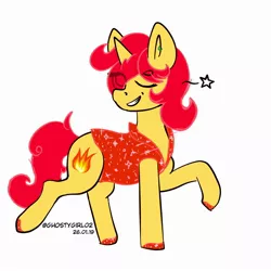 Size: 2000x2000 | Tagged: safe, artist:ghostygirl01, artist:ghostygirl02, derpibooru import, oc, oc:flame chaser, unofficial characters only, pony, unicorn, alternate universe, clothes, ear piercing, earring, jewelry, one eye closed, piercing, raised leg, shoes, simple background, solo, sparkles, white background, wink