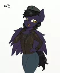 Size: 1000x1200 | Tagged: anthro, anthro oc, artist:achmeddb, beret, bomber jacket, clothes, derpibooru import, female, hat, haughty, jacket, laughing, oc, oc:mir, pegasus, posh, safe, solo, sophisticated as hell, unofficial characters only