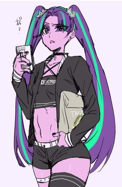 Size: 666x1024 | Tagged: safe, artist:idolize_341, derpibooru import, aria blaze, equestria girls, belly button, clothes, female, jacket, looking at you, midriff, mobile phone, nail polish, phone, pigtails, shorts, simple background, solo, twintails, white background